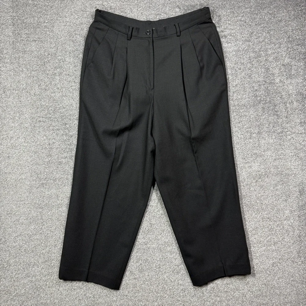 DKNY Pants Womens 12 Black 100% Wool Pleated High Rise Straight‎ Leg
